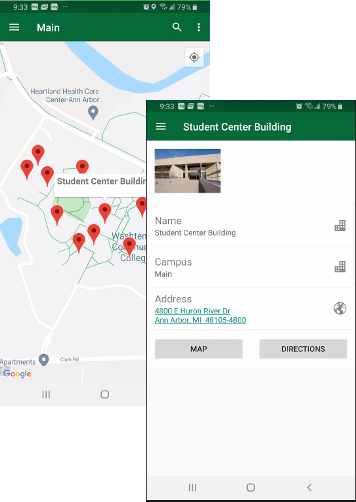 mobile view of app map featuring the WCC Student Center Building