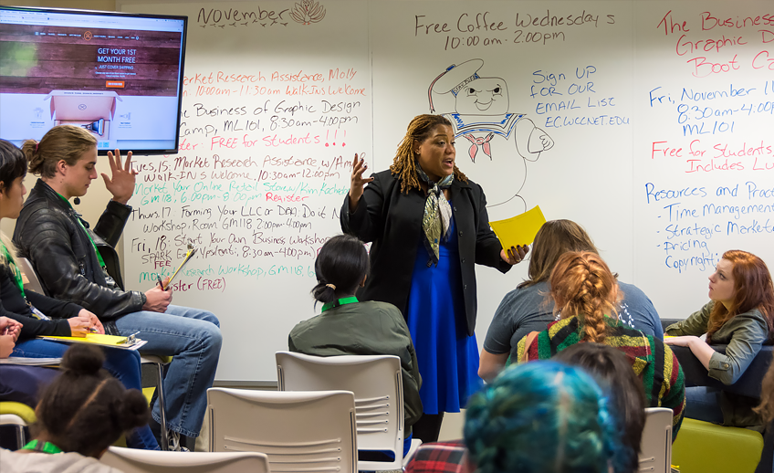 Entrepreneurs discuss business strategy with Kim Hurns, WCC Vice President for Instruction and former Dean of Business & Computer Technologies and Entrepreneurship Center Administrator. 