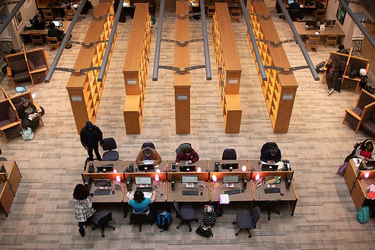 Library student spaces - overhead view of library and study pods