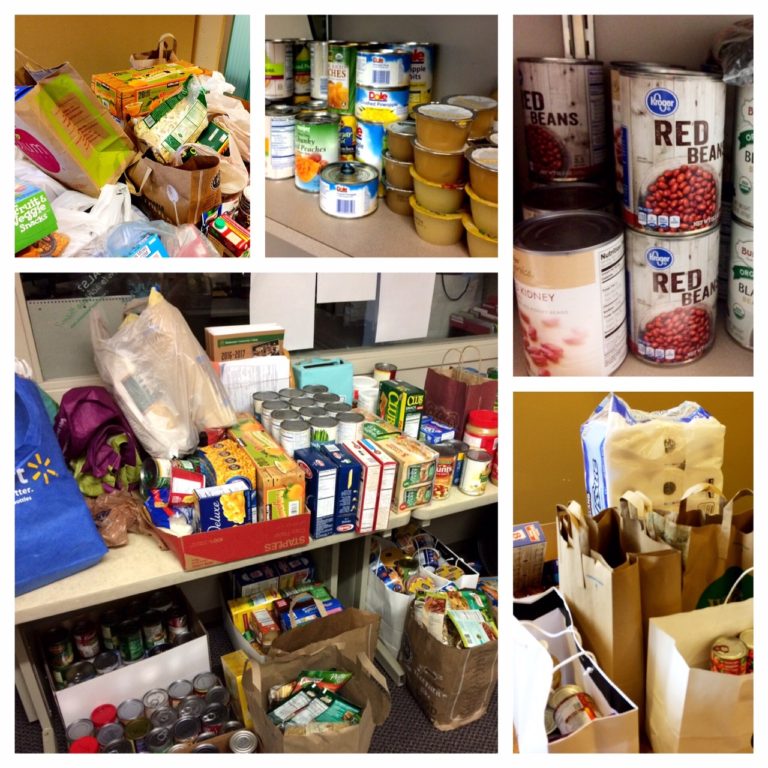 Image of foodstuffs on shelves at WCC's Food Pantry in a collage