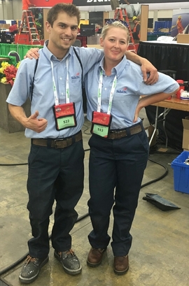 Bobby Feldkamp Wyatt Knick and Ashlea Carravallah take a break in the staging area for the Automotive Refinishing Technology and Body Repair Technology competitions. Knick and Carravallah finished seventh and tenth respectively in their events at SkillsUSA National Competition.
