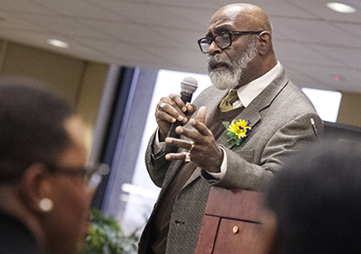 Kelly Gampel WCC history faculty Thornton Perkins, keynote speaker at WCC's Martin Luther King, Jr. Day celebration, discusses the important events in history that marked the beginning of the Civil Rights Movement.