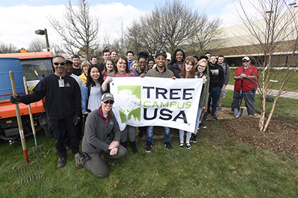 Lon Horwedel Students helped the Landscape and Grounds team plant a river birch tree in front of the Morris Lawrence Building the day after the college received Tree Campus USA certification last year.