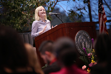 Abbee Elwell addresses Winter Honors Convocation attendees on January 24. Elwell, 17, is believed to be the first Washtenaw Technical Middle College student selected to serve as student speaker at the bi-annual event. | Photo by Kelly Gampel