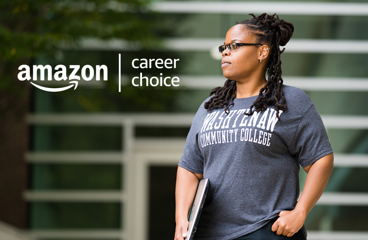 WCC student with Amazon Career Choice logo