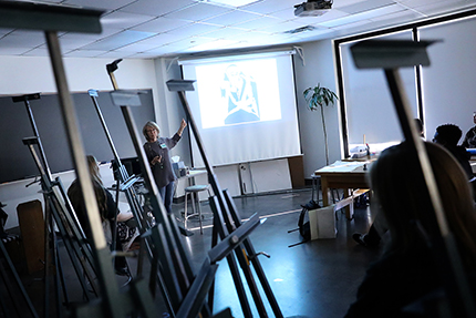 Professional illustrator Cathy Gendron speaks to an ART 112 class during WCC's Professionals in the Classroom event on April 4.