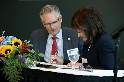 United Union of Roofers, Waterproofers and Allied Workers President Kinsey M. Robinson and WCC President Dr. Rose B. Bellanca held a ceremonial contract signing Aug. 16 to signify that the union will hold its National Instructor Training Program on the college campus beginning June 2020.