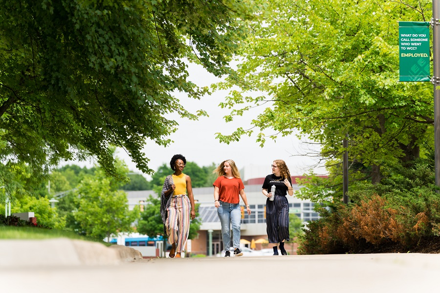 Students on campus with greenery