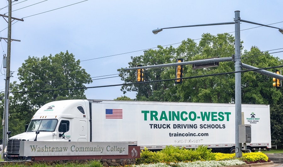 Trainco truck pulls into campus off Clark St.