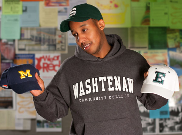 Student in WCC sweatshirt considers his options at U of M and EMU Student in WCC sweatshirt considers his options at U of M and EMU
