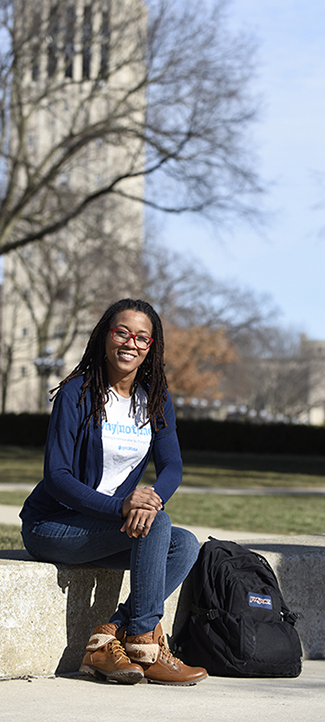 WCC alumna L’Oreal Hawkes-Williams, 37, on the University of Michigan campus, where she is now a student. Hawkes-Williams has started an initiative to introduce a full-scale hydroponic farm to a Detroit neighborhood. | Photo by Lon Horwedel