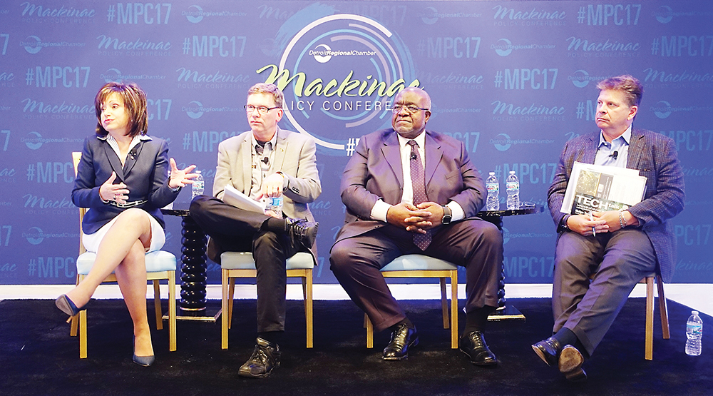 WCC President Dr. Rose B. Bellanca was joined on-stage at the Mackinac Policy Conference by (from left) Roger Curtis, director of the Michigan Department of Talent and Economic Development; Dr. Curtis Ivery, chancellor of Wayne County Community College District; and Paul Krutko, present and CEO of Ann Arbor SPARK. WCC President Dr. Rose B. Bellanca was joined on-stage at the Mackinac Policy Conference by (from left) Roger Curtis, director of the Michigan Department of Talent and Economic Development; Dr. Curtis Ivery, chancellor of Wayne County Community College District; and Paul Krutko, present and CEO of Ann Arbor SPARK.