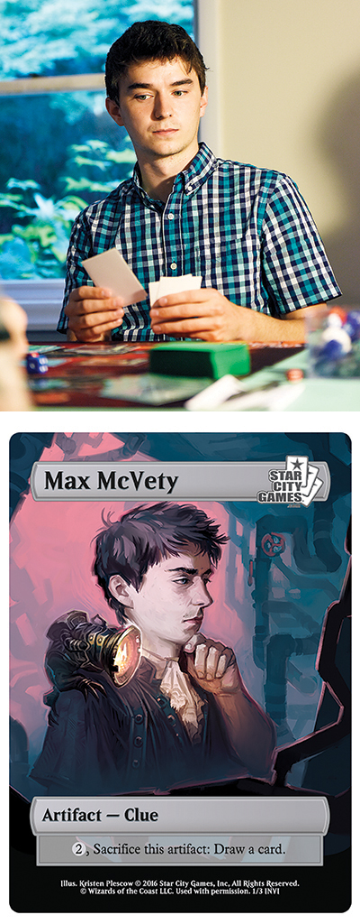 As a high-achieving high school student, Max McVety (top) had plenty of postsecondary options, but only applied to one college. The money saved by starting his education at WCC comes in handy as he travels the world as an internationally-ranked Magic: The Gathering player. One tournament win earned him $10,000 and his likeness on a game token (bottom). (Photo by Lon Horwedel)