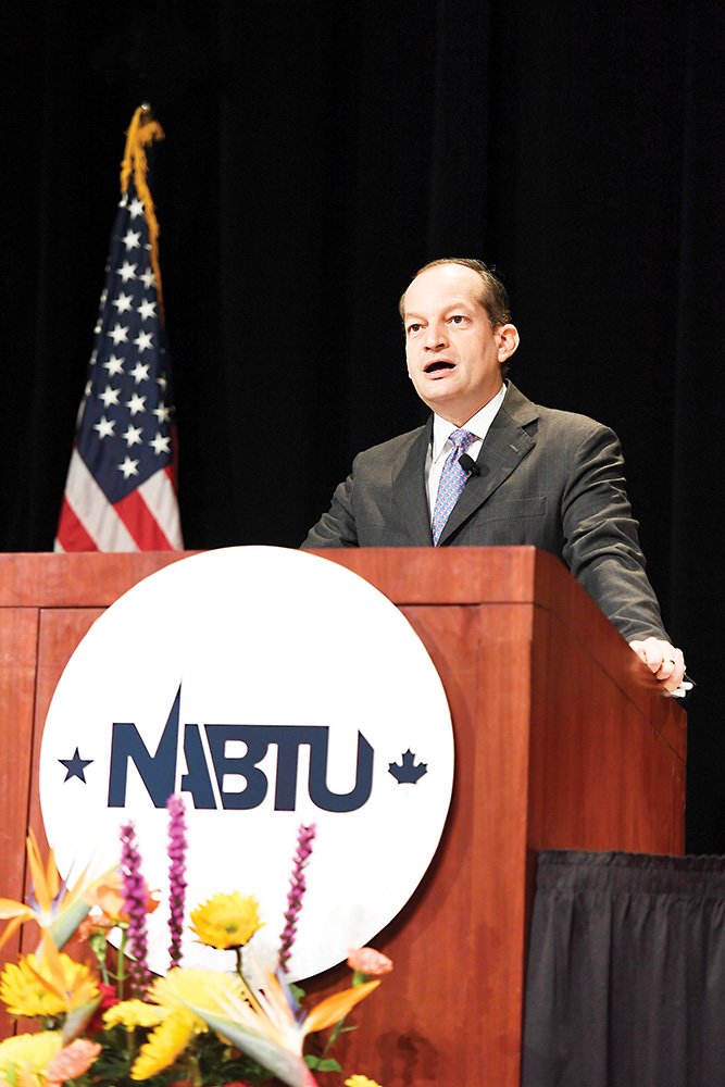 United States Secretary of Labor Alexander Acosta addresses a crowd of North America’s Building Trade Unions members at Washtenaw Community College’s Towsley Auditorium. Acosta spoke about the importance of apprenticeships during the opening session of the group’s two-day Apprenticeship Training Conference held at WCC on October 4-5. | Photo by Lon Horwedel