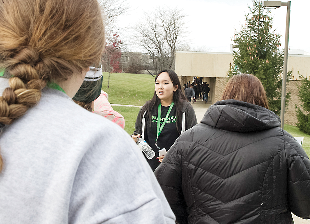 Undraa Bayasgalan, a Student Ambassador at WCC, leads a group of high school students on a campus tour during the Campus Explore event on November 17. | Photo by Kelly Gampel