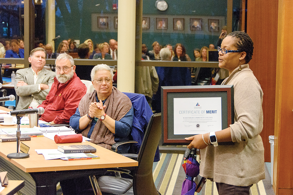 Surgical Technology program director Elizabeth Connors (right) accepts a certificate of merit from the National Board of Surgical Technology and Surgical Assisting on behalf of WCC at the October meeting of the college’s Board of Trustees as trustee Ruth Hatcher looks on. | Photo by CJ South Surgical Technology program director Elizabeth Connors (right) accepts a certificate of merit from the National Board of Surgical Technology and Surgical Assisting on behalf of WCC at the October meeting of the college’s Board of Trustees as trustee Ruth Hatcher looks on. | Photo by CJ South