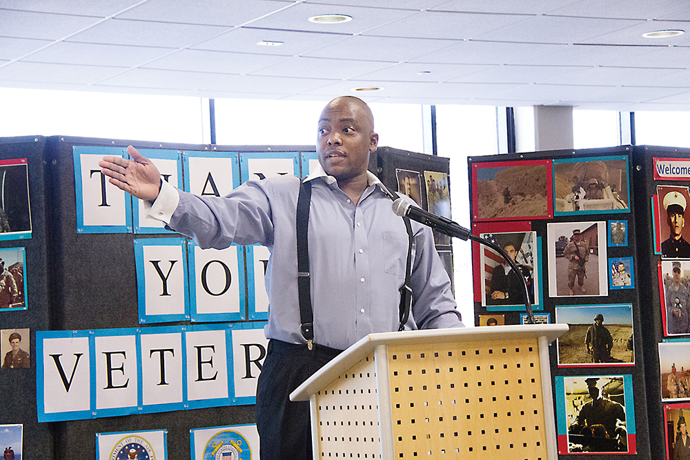 WCC student and Army veteran Sgt. Thomas Harris Jr., praised the efforts of Washtenaw Community College faculty and staff during a Veterans Day ceremony on November 8. | Photo by Kelly Gampel WCC student and Army veteran Sgt. Thomas Harris Jr., praised the efforts of Washtenaw Community College faculty and staff during a Veterans Day ceremony on November 8. | Photo by Kelly Gampel