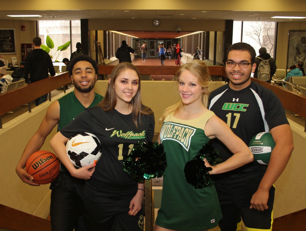 Washtenaw Community College student athletes for the Winter 2016 semester include, from left, bryce Moon (basketball), Veronica boissoneau (soccer), Laura Turnbull (dance team) and Jarret Clemons (volleyball). Photo by Lynn Monson