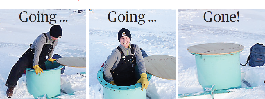 Caitlin Dudzik descends an observation tube installed through sea ice and into the liquid ocean. Courtesy photos