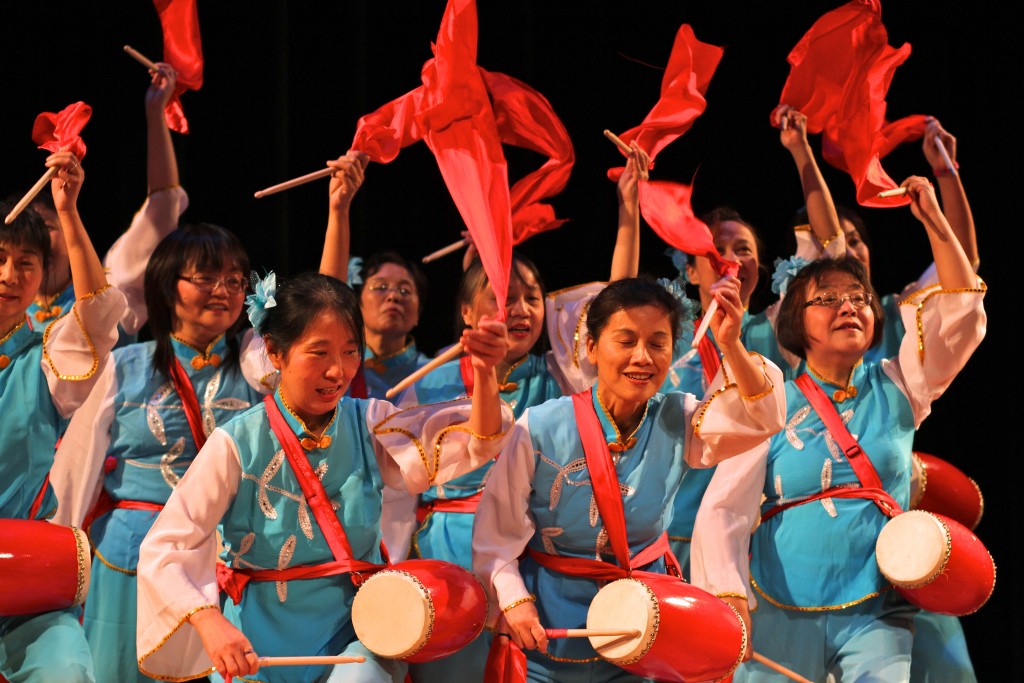 The Chinese Waist Drum Dance Group from the Ann Hua Chinese School performs. Photo by Lynn Monson