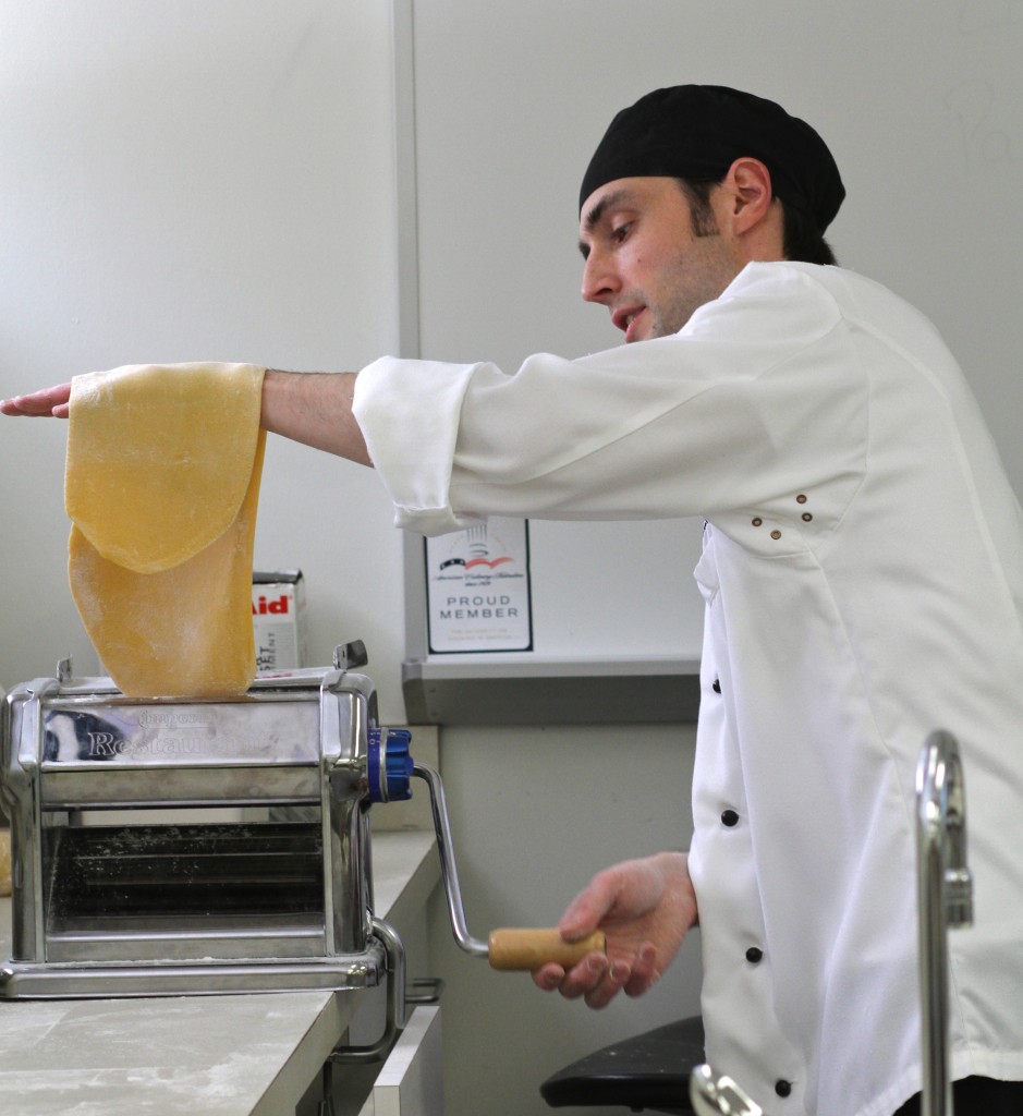 Chris J. Troiano from the WCC Culinary Arts program demonstrates how to make pasta.