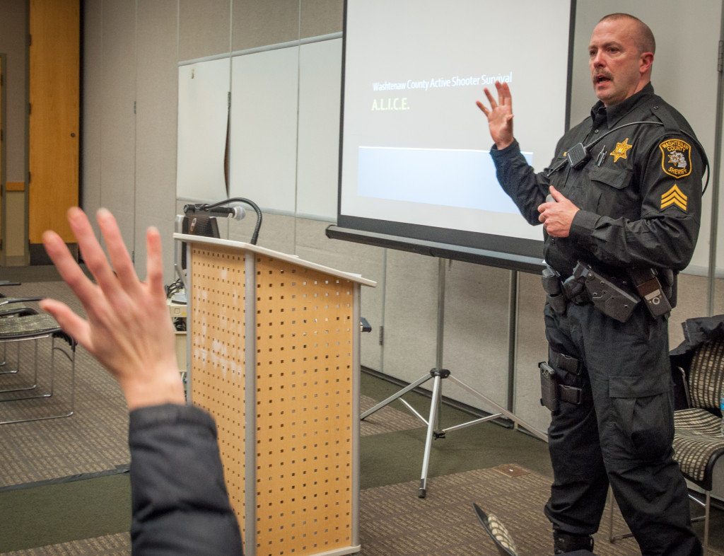 Sgt. Keith Flores of the Washtenaw County Sheriff’s Department conducted a two-hour safety lecture for more than 40 WCC students. Photo by Jessica Bibbee Sgt. Keith Flores of the Washtenaw County Sheriff’s Department conducted a two-hour safety lecture for more than 40 WCC students. Photo by Jessica Bibbee