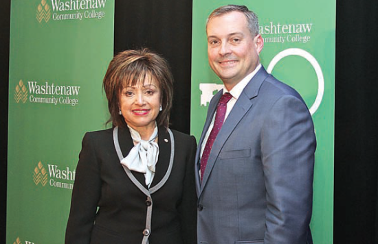 Washtenaw Community College President Dr. Rose B. Bellanca (left) and Chris haslinger, director of training for the UA, discussed their organizations’ partnership at the MIchigan Community College Association’s annual spring meeting on the WCC campus. Photo by Lynn Monson   Washtenaw Community College President Dr. Rose B. Bellanca (left) and Chris haslinger, director of training for the UA, discussed their organizations’ partnership at the MIchigan Community College Association’s annual spring meeting on the WCC campus. Photo by Lynn Monson   