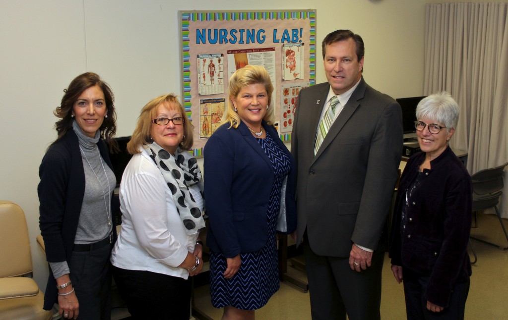 From left: Melina Roberts, WCC/EMU Collaborative Program Coordinator; Mary burns, WCC Nursing Department Chair; Valerie Greaves, Dean of WCC’s health Services; Michael Williams, Director of EMU’s School of Nursing; and Sandra hines, Associate Director of Undergraduate Studies at EMU’s School of Nursing. Photo by Lynn Monson