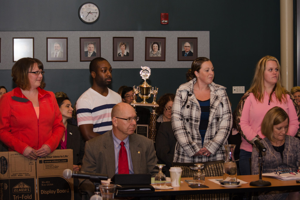 WCC radiography students (standing, from left) Mechelle Rhodes, Aaron Amin, brittany Tomlin and Ashley Zavala were recognized for their achievements at a recent board of Trustees meeting. Photo by Warren Nelson