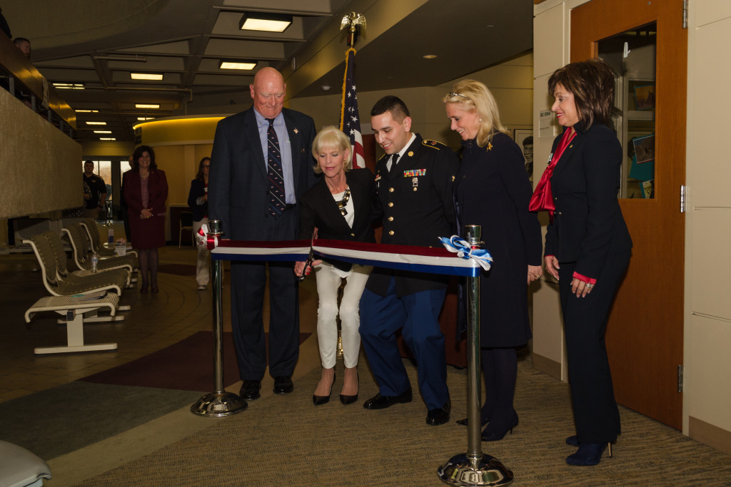 From left: Longtime WCC supporters Tim and Laurie Wadhams, student veteran Alberto Acosta, U.S. representative Debbie Dingell, and WCC President Dr. Rose b. bellanca cut the ribbon at the renaming of the Wadhams Veterans Photo by Kimberly A. Borecki-Troiano Center. Photo by Kimberly A. Borecki-Troiano
