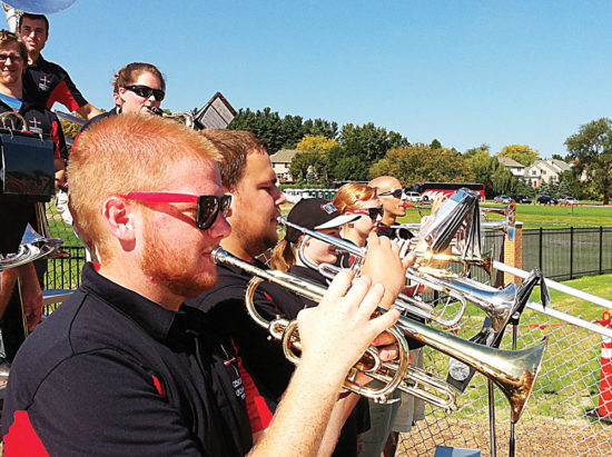 Members of the Concordia University-Ann Arbor pep band perform at a home football game last season. (Photo by Beth Steinkellner)