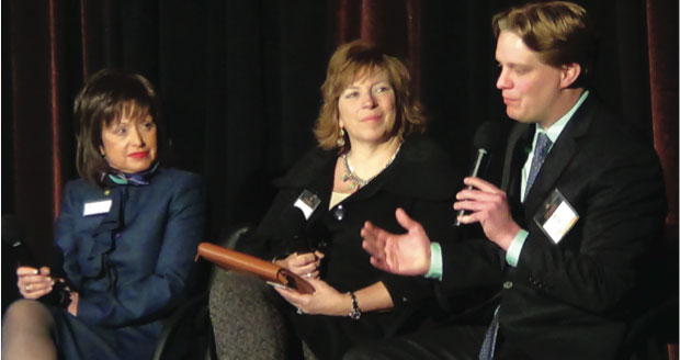 (From left) Dr. Rose Bellanca, President of Washtenaw Community College, Sherri Enright, Executive VP of PeopleFirst, Dominos Pizza, and Guy Suter, CEO of Nutshell participate in a panel discussion at the Washtenaw Economic Club luncheon March 19.