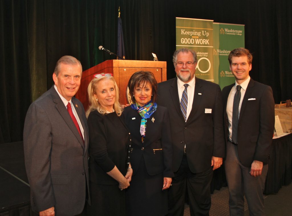 From left, Congressman Tim Walberg, Congresswoman Debbie Dingell, WCC President Dr. Rose B. Bellanca, WCC Board of Trustees Chair Richard J. Landau, J.D., PhD., and State Representative Adam Zemke at the President’s Leadership Appreciation Lunch. (Photo by Lynn Monson) From left, Congressman Tim Walberg, Congresswoman Debbie Dingell, WCC President Dr. Rose B. Bellanca, WCC Board of Trustees Chair Richard J. Landau, J.D., PhD., and State Representative Adam Zemke at the President’s Leadership Appreciation Lunch. (Photo by Lynn Monson)