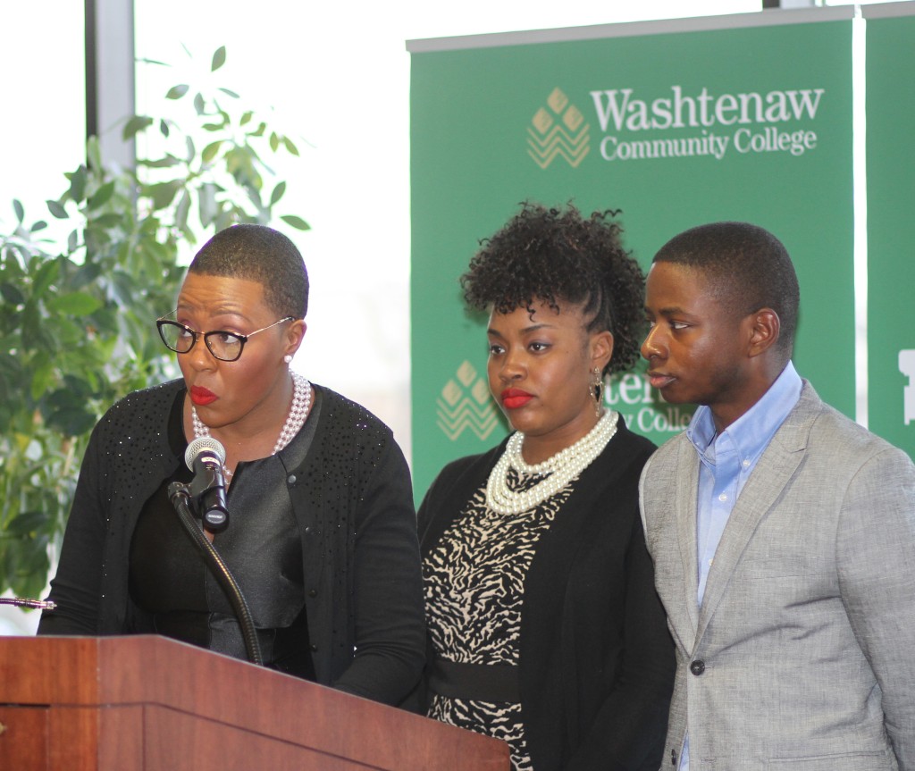 Former WCC students Morgan Foreman and Corzetta Tillman and WCC sophomore Davon Shackleford recite parts of Martin Luther King Jr.’s “I have a Dream” speech. Photo by Lynn Monson