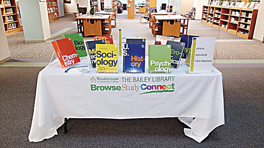 The WCC library displays OER textbooks published by Rice University/OpenStax. It is free to read the books online or print a PDF copy. Bound copies are available for sale at a cost much lower than traditional textbooks. (WCC Library Photo) The WCC library displays OER textbooks published by Rice University/OpenStax. It is free to read the books online or print a PDF copy. Bound copies are available for sale at a cost much lower than traditional textbooks. (WCC Library Photo)
