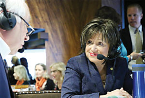 WCC President Dr. Rose B. Bellanca is interviewed by WJR's Paul W. Smith during a &quot;Women Who Lead&quot; event held at Joe Muer restaurant in Detroit. (Photo Courtesy of WJR)