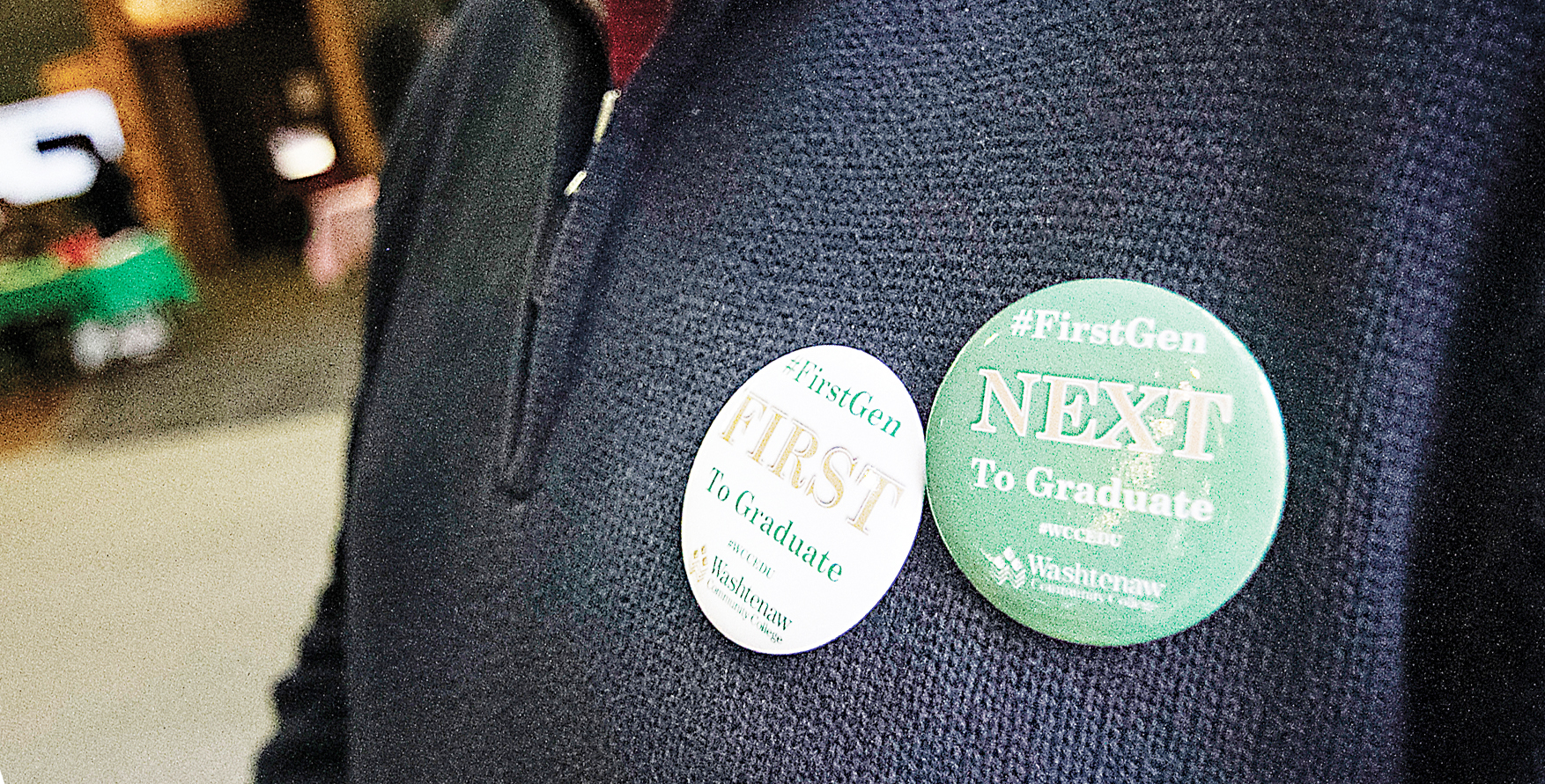 These buttons, distributed around campus at various events, identify current first-generation college students and those WCC faculty and staff who were first-generation college students themselves at one time. (Photo by Kelly Gampel)