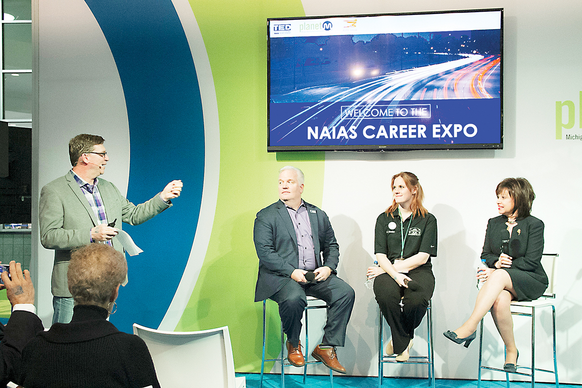 WCC President Dr. Rose B. Bellanca (right) and student Kali Wealch were part of a Future Automotive Career Exposition discussion panel at the North American International Auto Show. “How Higher Education is Focused on Mobility” also included MICHauto executive director Glenn Stevens and moderator Roger Curtis (left), Director of the Michigan Department of Talent & Economic Development. (Photo by Kelly Gampel)