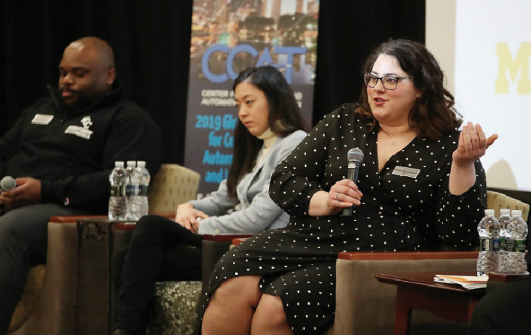 WCC alumna Emily Hatsigeorgiou talks about how the college prepared her for a career in the connected and autonomous vehicle job sector during a panel discussion at the Global Symposium on Connected and Automated Vehicles and Infrastructure held at the college in February. Current WCC Powertrain Development student Zach Van Buren (left) and Business student Rosa Lechartier (left) were also on the panel.