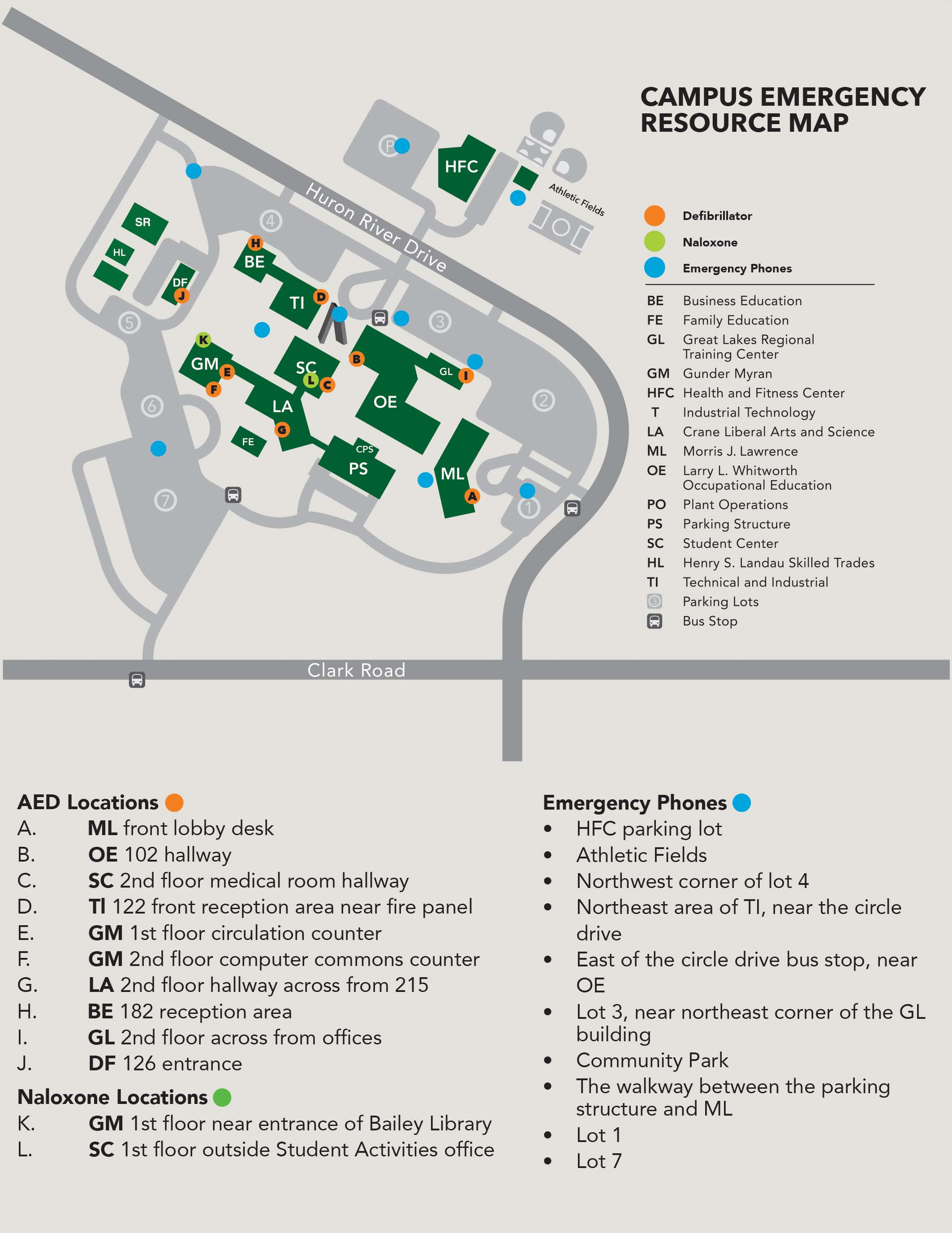 A map of indoor house phones and outdoor emergency phones A map of AED, Naloxone, and emergency phones